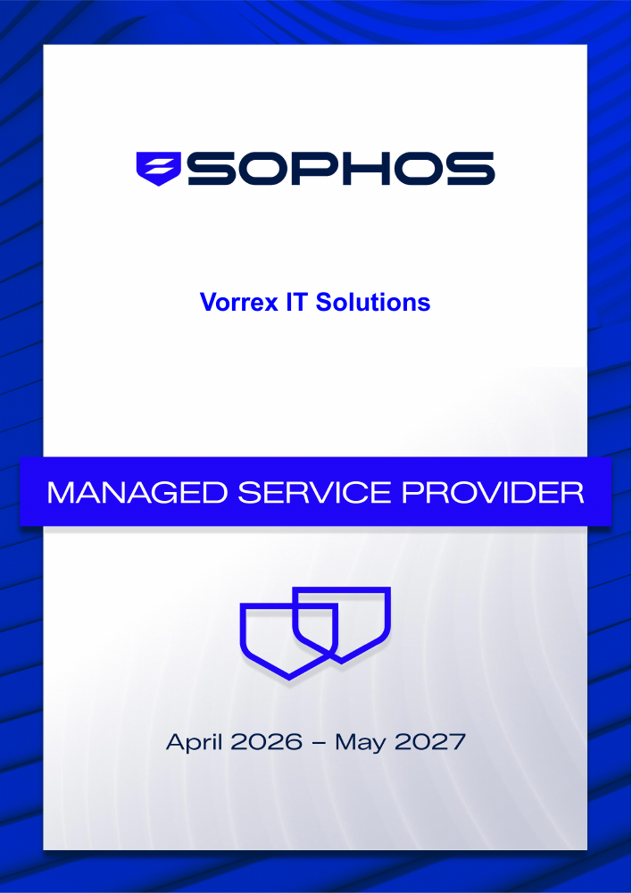 Sophos Managed Service Provider-Zertifikat für VORREX IT Solutions, April 2026 bis Mai 2027